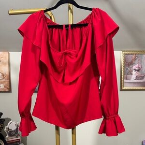 EUC Chaus Bright Red Ruffle Tie-Neck Blouse